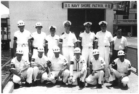 Permanent Shore Patrol - USS Mansfield (DD-728) Station Ship Hong Kong Oct.-Nov. 1963 Back Row: ?-?-?-?-?-?-? Front Row:?-?-?-?-Larry Lawton-?